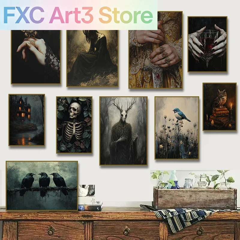 1 Stück rahmenloses Leinwandbild: Vintage-Motten- und Krähen-Schädel-Poster, Kunstdruck im Gothic Dark Cottagecore Stil