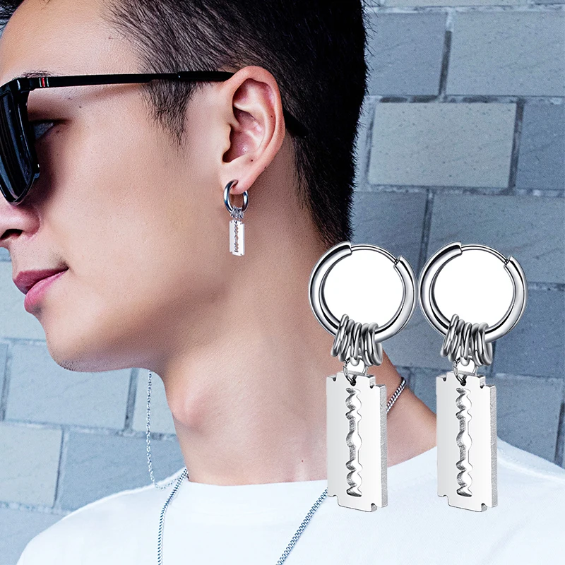 Fashion Stainless Steel Blade Earrings Vintage Razor Hollow Drop Earrings Women Men Punk Jewelry Hip Hop Street Dangle Earrings