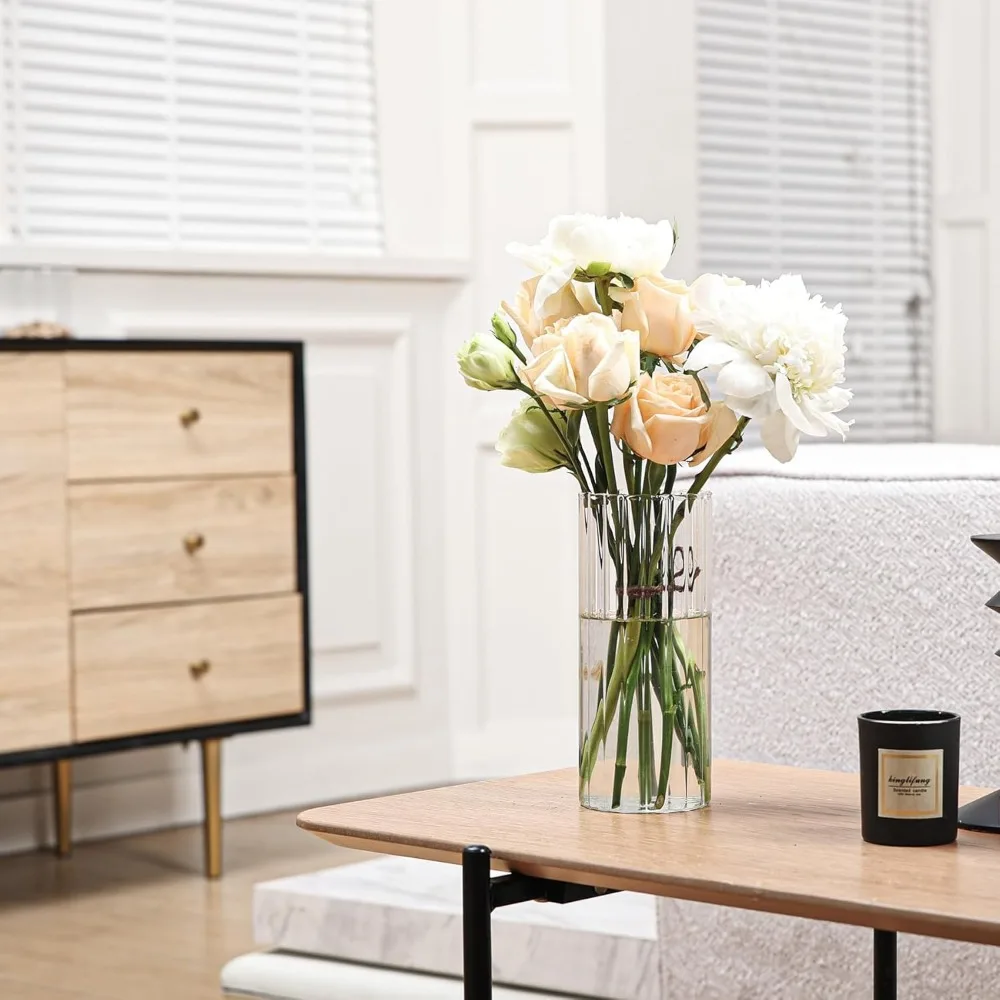 مزهرية أسطوانية زجاجية مضلعة بطول 8 بوصات، مثالية للقطع المركزية والشموع والزهور. مثالية لحفلات الزفاف، وديكور المنزل، والهدايا (واضح).