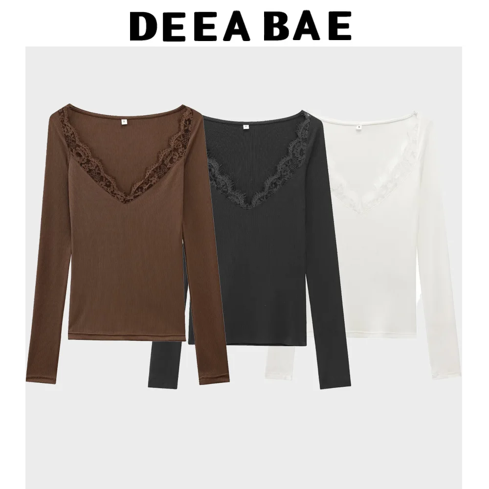 DEEABAE Spring And Summer Pure Desire Style Lace Splicing Slim Round Neck Cotton Ribbed Bottoming T-shirt For Women