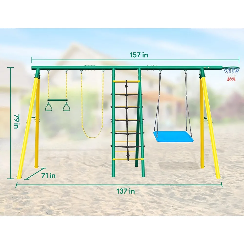 مجموعة أرجوحة 6 في 1 للفناء الخلفي، مجموعة ألعاب معدنية شديدة التحمل للأطفال الصغار في الهواء الطلق، تتضمن طوق كرة السلة، 2 أرجوحة #6