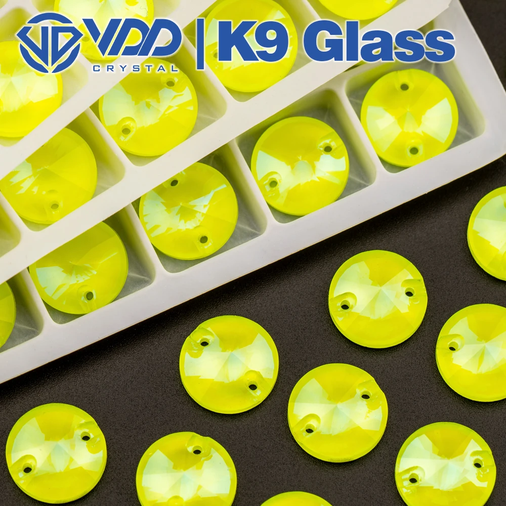 VDD 12mm Rivoli Neon Lemon AAAAA K9 Glass Sewing Crystals Sew On Rhinestones Flat Back Stones For DIY Crafts Clothes Decorations