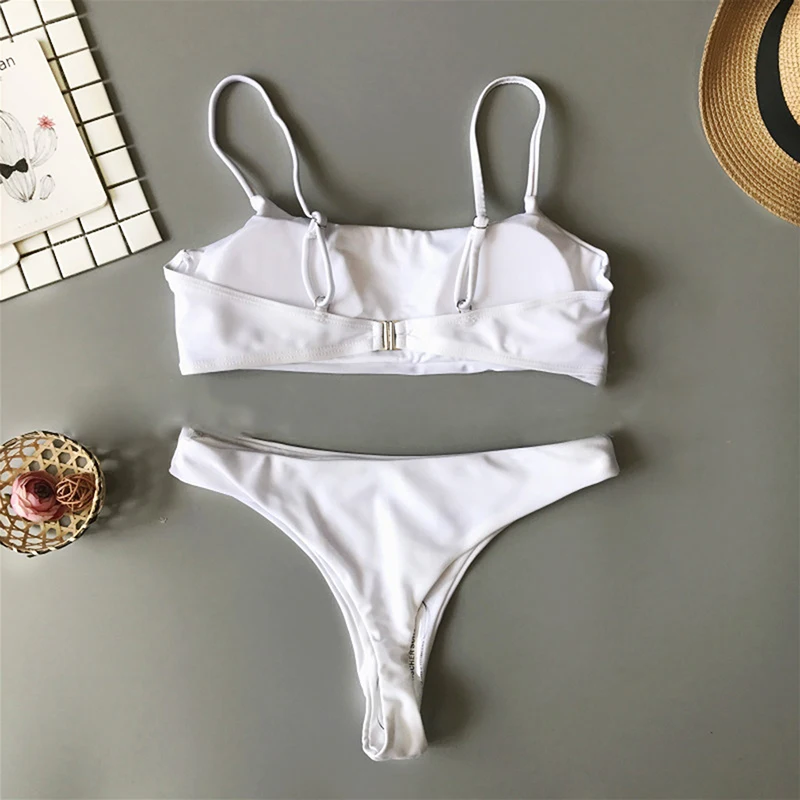 2024 Solid Bikini Set For Women Swimsuits Sexy Padded Bra Thong Two-Piece Swimwear Beachwear Solid Color Swimwear Female