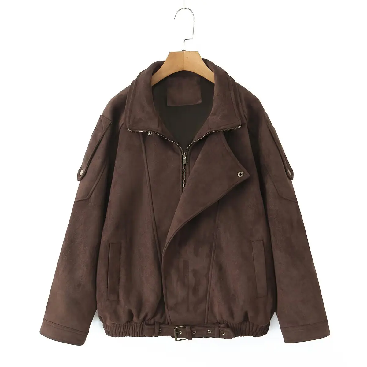 Women's Brown Suede Short Jacket Loose Lapel Zipper Long Sleeve Motorcycle Coat Female Hot New Lady High Street Outwear Winter