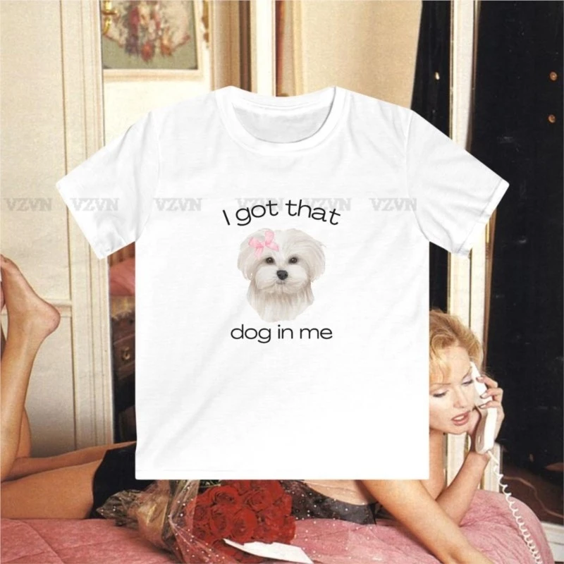 Fun dog Print Vintage Women Casual Baby Tee Streetwear Aesthetic Short Sleeve T-Shirt Y2k Clothes Gothic Emo Girl Croped Tops