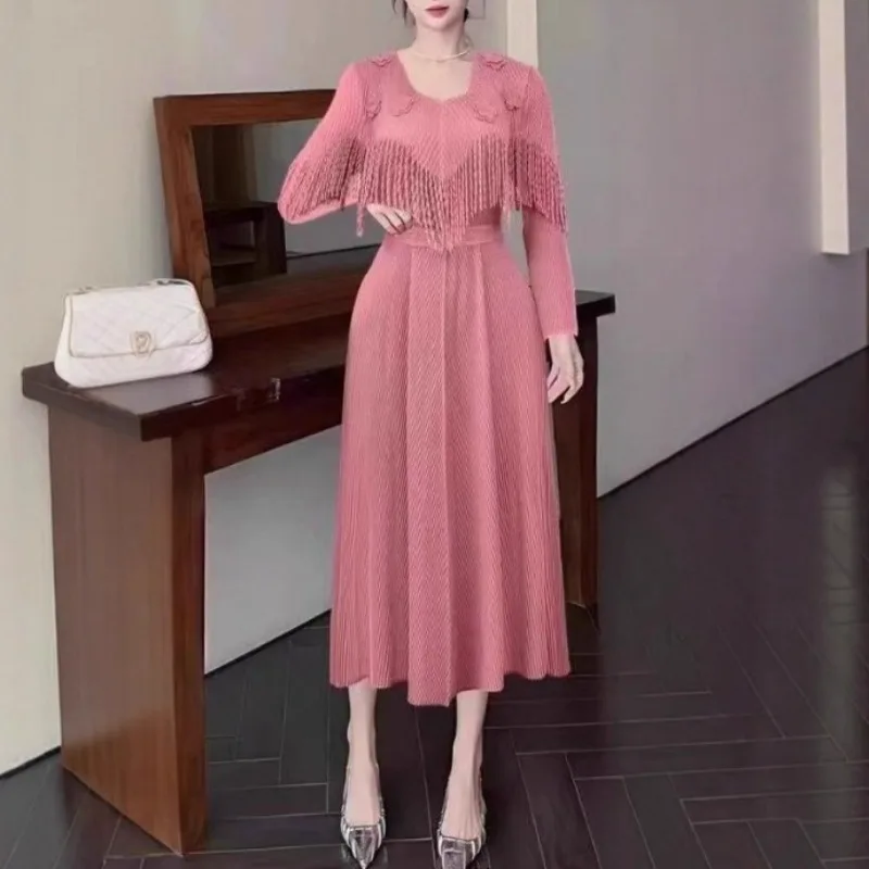 مطوي تمتد حجم كبير فستان مياكي الخريف موضة شرابة الأزهار فضفاضة المرأة فساتين طويلة مساء ملابس مكتب الحفلات أوروبا