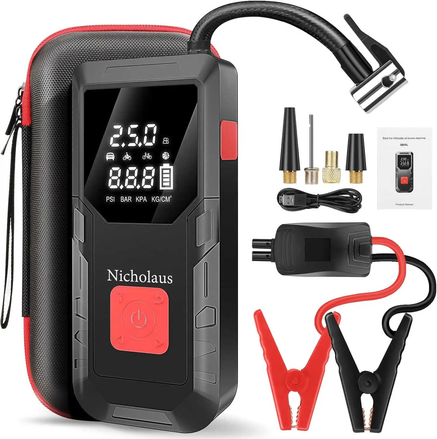 

12V 8000mAh Car Battery Jump Starter with 2800A & Air Compressor, Portable for Gas/Diesel Engines