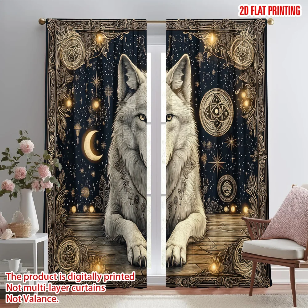 

2D flat printing 2pcs Party Curtain Mystical Wolf with Stars Digital Printed Polyester Drapes Family Party Use for Holiday