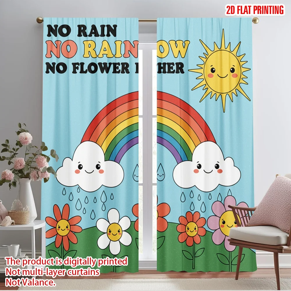 

2pcs 2D flat printing Party Curtain Rainbow Flower Sun Clouds Fabric Without Electricity Festive Wall Decor Perfect for gold