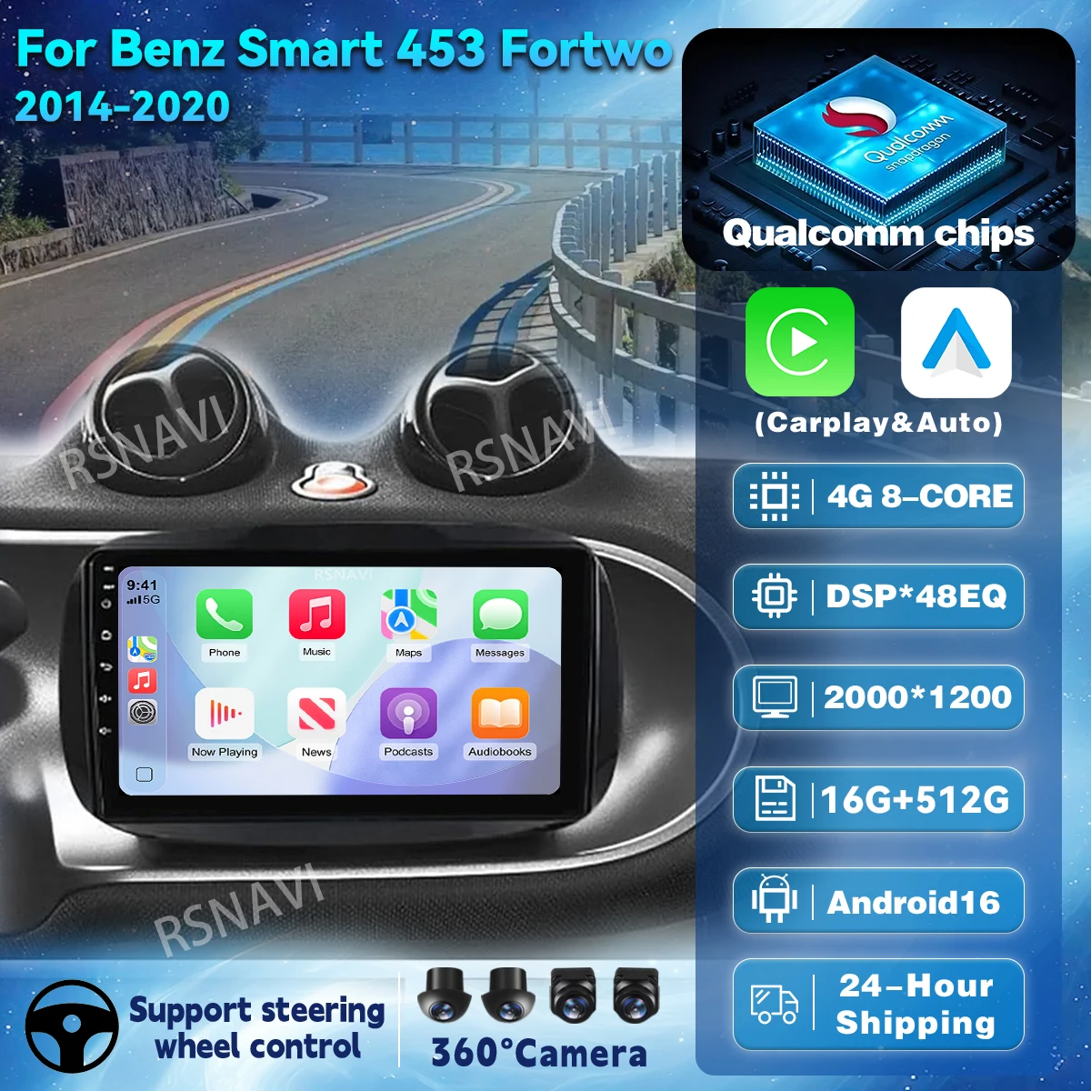 Android 16 Carplay Car Radio For Mercedes Benz Smart 453 Fortwo 2014 2015 - 2020 Navigation GPS Multimedia Player Stereo WiFi+4G