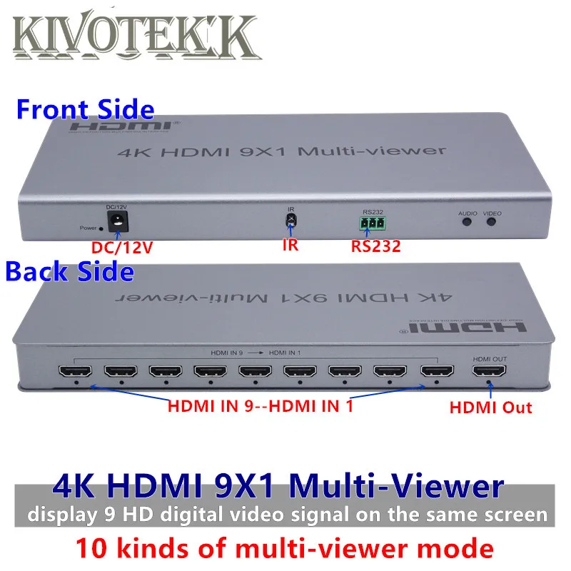 4K HDMI 9x1 Multi-Viewer Switcher Adapter Switch 9xHdmi on 1 Screen,Female Connector IR Control Divider Conveter for CCTV HDTV