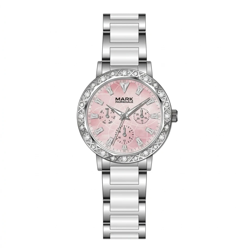 Women Round Quartz Wristwatch Mark Fairwhale Chronograph Sub-dial Rhinestone Scale Ceramic Metal Band Ladies Watch