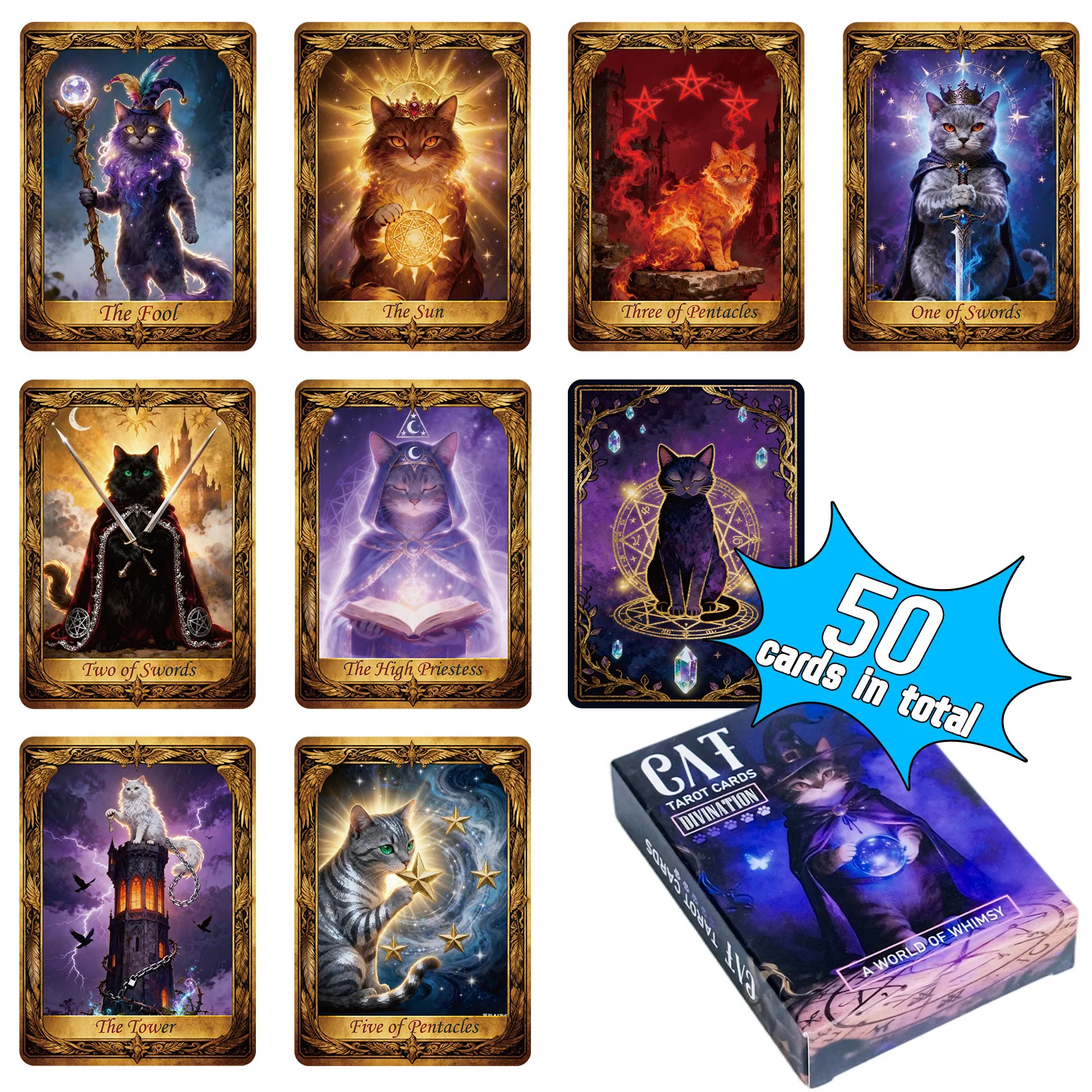 50Pcs Mysterious Magic Cat Tarot Cards Fun Table Game Cards Perfect Warm-up Prop for Team Building Party Gathering Entertainment