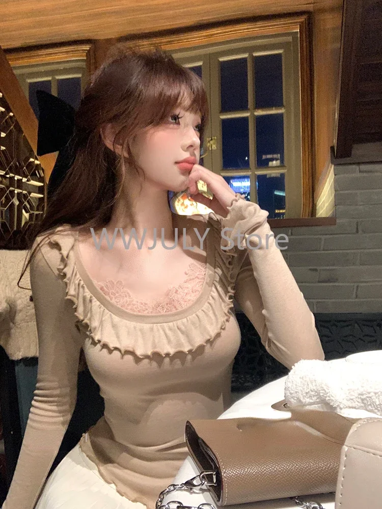 Estetica Slim Lace Fake Two top Casual Basic Sweet manica lunga Blosue Y2k E-girl Fit moda coreana Pullover donna Chic