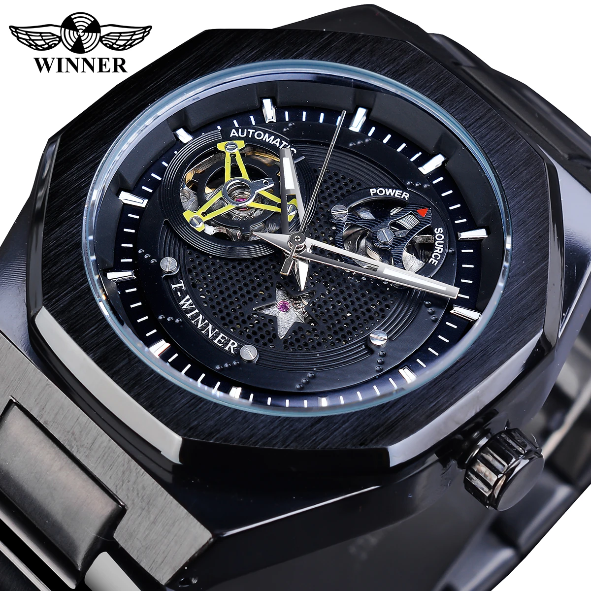 

Winner Top Brand Irregular Dial Sport Metal Steampunk Men Automatic Mechanical Black Golden Stainless Steel Waterproof Watches