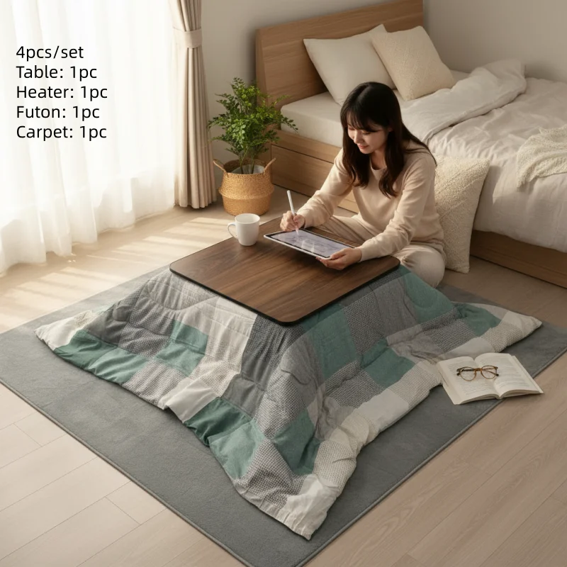 4pcs Full Kotatsu Set Table Heater Futon Carpet Japanese Style Living Room Furniture Tatami Foot Warmer Heated Coffee Tea Table