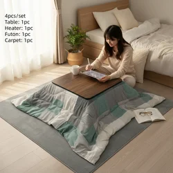 4pcs Full Kotatsu Set Table Heater Futon Carpet Japanese Style Living Room Furniture Tatami Foot Warmer Heated Coffee Tea Table
