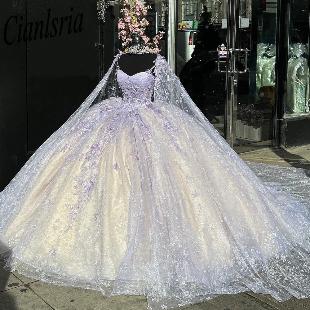 Vestido De baile De quinceañera con purpurina De cristal, vestido De quinceañera con capa, ilusión, apliques De lentejuelas, corsé, 15 Años