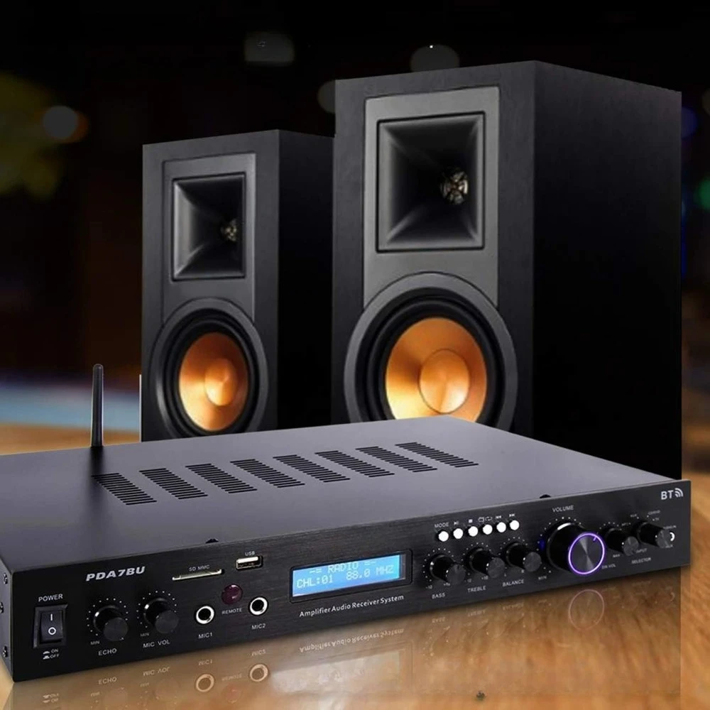 

Bluetooth-усилитель для домашнего кинотеатра, 5-канальный, 200 Вт, с выходом на сабвуфер, караоке, двумя микрофонами, USB, SD, MP3, FM-радио, ЖК-дисплей