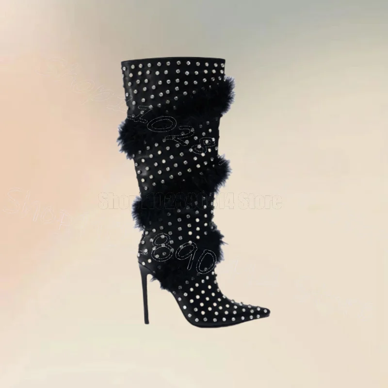 

Crystal Black Fur Decor Pointed Toe Boots Slip On Women Shoes Thin High Heels Novel Party Feast Dating 2025 Zapatos Para Mujere