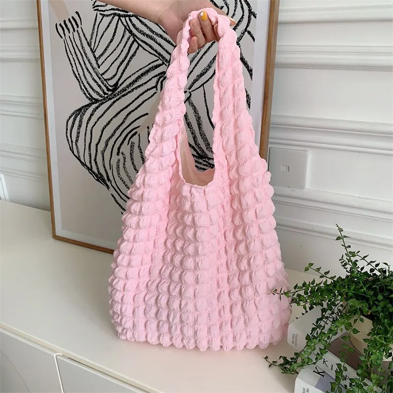 Summer Pleated Bubble Cloud Women Shoulder Bag Vintage Candy Color Large Capacity Shopping Tote Bag