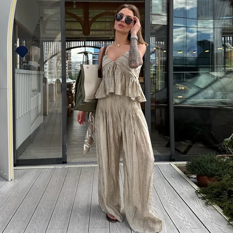Women's clothing 2025 summer new style temperament V-neck pleated short suspender top wide leg pants set