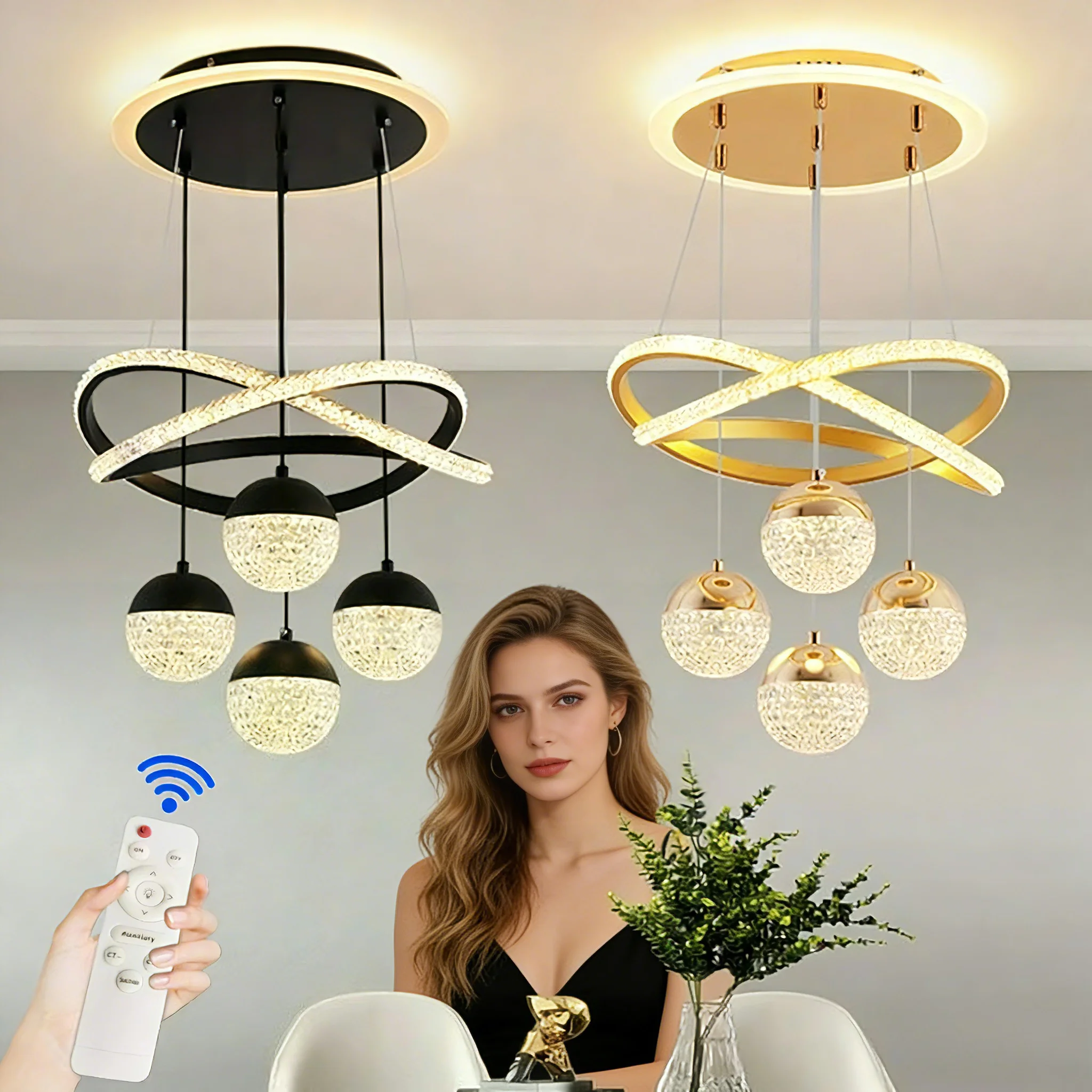 

Светодиодный золотой подвесной светильник с пультом дистанционного управления для 3-цветной регулировки яркости, подходит для гостиных, столовых, баров и лестничных пролетов.