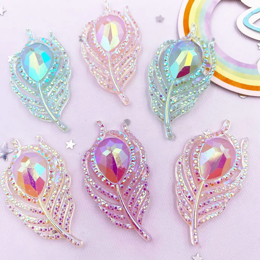 6PCS Glitter AB Resin Noctilucent 3D Big Peacock Feathers Flatback Rhinestone Scrapbook DIY Wedding Applique Gem Crafts L699