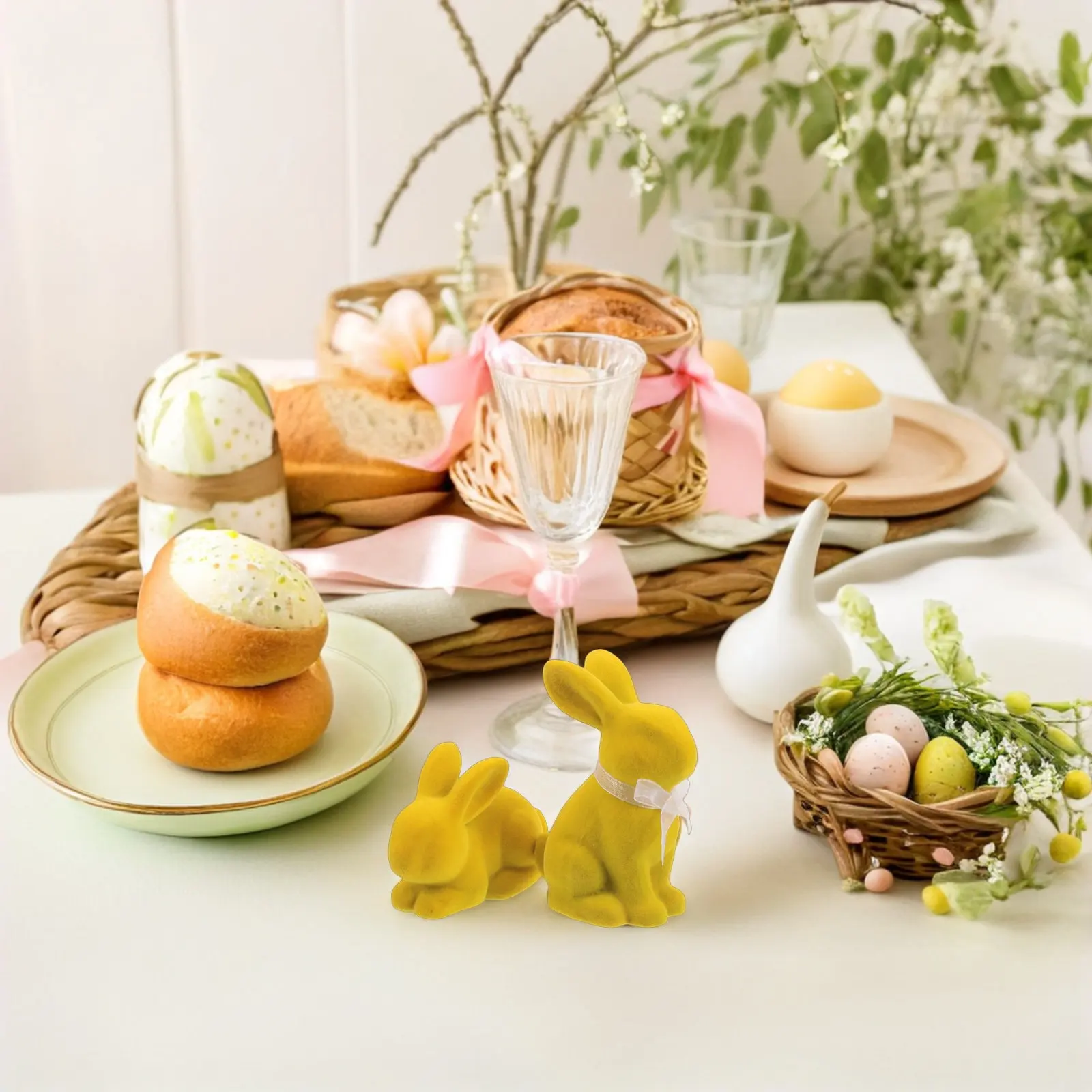 

2Pcs Flocked Easter Bunny Ornaments Resin Easter Tabletop Decor Soft Touch Moss Rabbit Spring Home Office Party Centerpiece