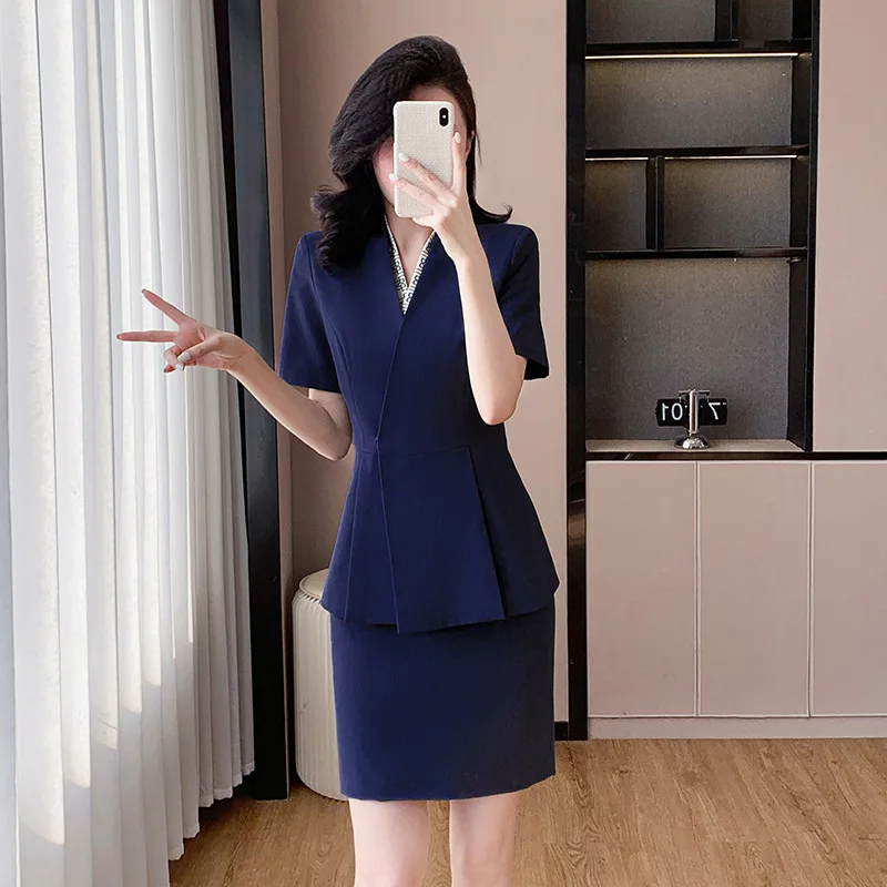 Women's Summer Thin Blue Short-Sleeve Professional Suit for Beauty Salon, Sales Department, and Reception Work Uniforms