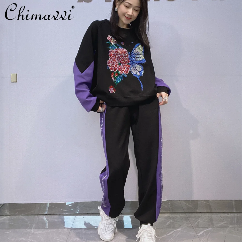 

Heavy Fashion Butterfly Rhinestone Round Neck Long Sleeve Sweatshirt Pants Two-Piece Set Autumn New Women's Casual Sports Suit