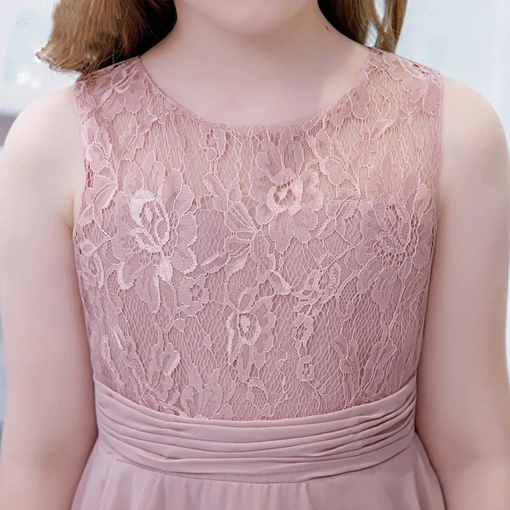 Kydynqj staubige rosa Chiffon Junior Brautjungfer Kleid 2024 ärmellose Spitze eine Linie lange Geburtstags feier Blumen mädchen Kleid