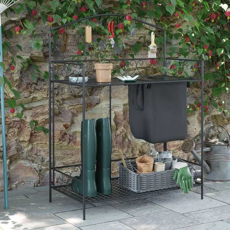 Folding Potting Bench Table, Metal Garden Workstation, Work Bench with Large Build-In Bag with Cover, 5 Hanging Hooks & Storage Shelf - view 8