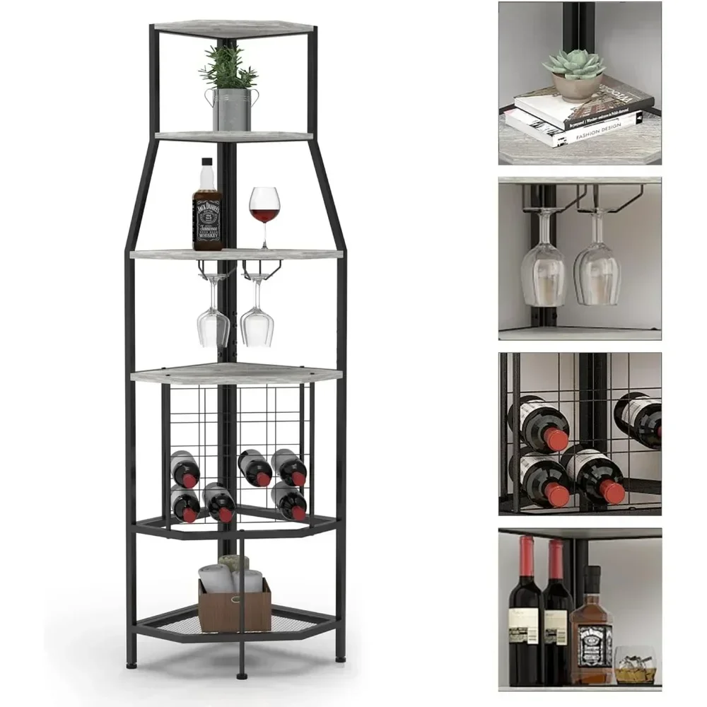 Cave à vin d'angle à 5 étages avec supports d'angle indépendants en métal et en bois, verre Visiteur et bouteilles situées dans le vin