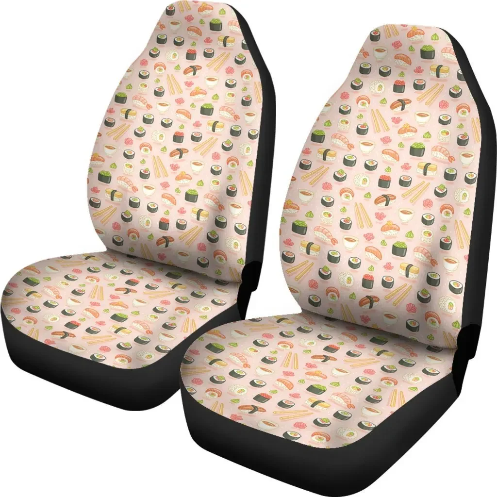 Kawaii Sushi Pattern Print Seat Cover Car Seat Covers Set 2 Pc, Car Accessories Car Mats