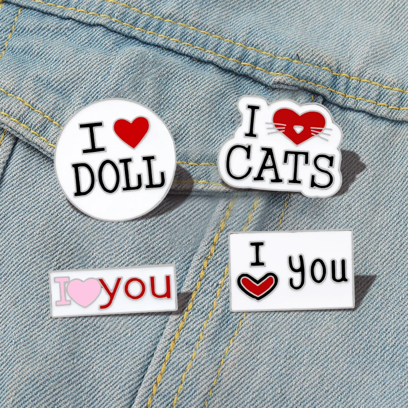 

Cartoon Letter Slogan Enamel Pins Cute Lovely Badge I love Cats You Doll Lapel Pin Women Girl Clothes Bag Jewelry Accessories