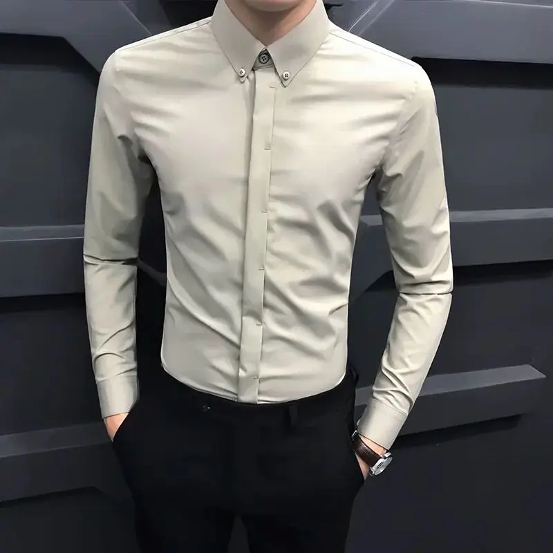 

2024 Men's Korean Slim Fit Shirts Solid Color Shirts Casual Tops Business Dress Spring Summer Blouses Fashion Clothing N348
