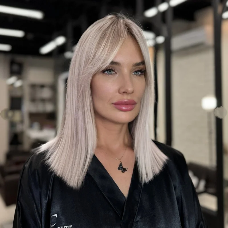 

13 By4 Platinum Blonde Lace Frontal Wig 16 Inches Short Wig In Bob High Quality Blonde Wig With Bangs Heat Safe Synthetic Wig