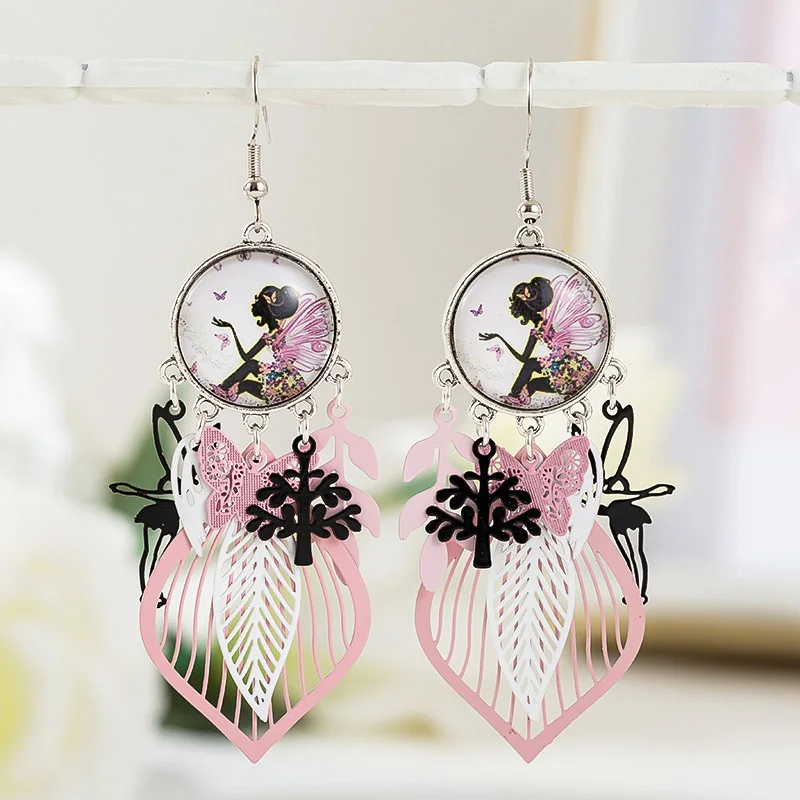 Chic Flower Fairy Long Earrings Fashion Cabochon Glass Jewelry Vintage Pink Earrings For Women Girls Wedding Gift