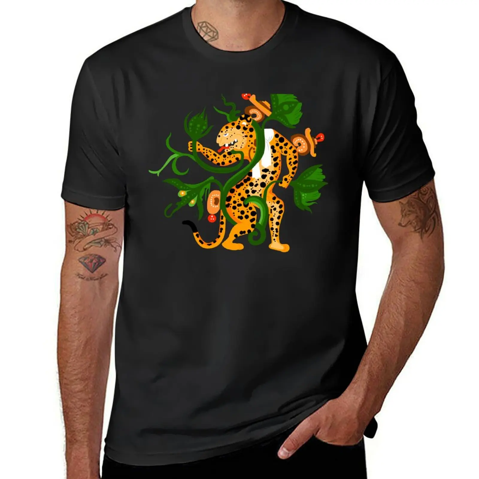 Mayan jaguar playing with a waterlily T-Shirt blacks customs plain anime clothes plain black t shirts men