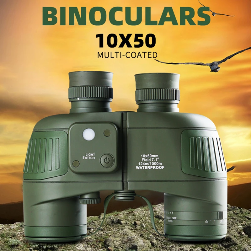 Waterproof 10X50 Green Binoculars with Compass Binocular Telescope BAK4 Prism Travel Telescope