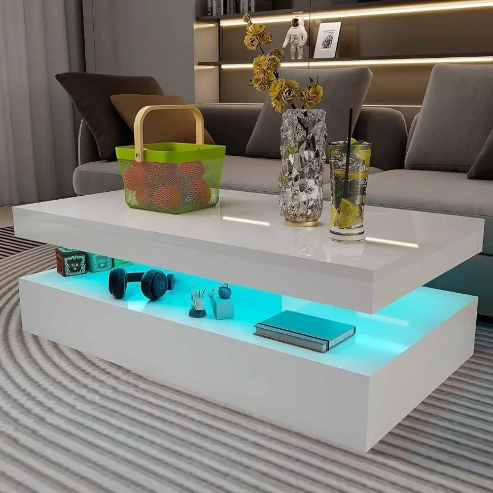 Creativity High Gloss Modern Coffee Table With RGB LED Light White Rectangular Coffee Table For Living Room With Remote