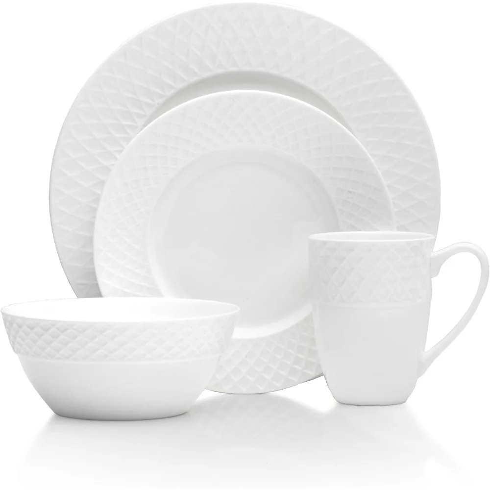 Trellis Bone China 16 Piece Dinnerware Set, Service for 4, White