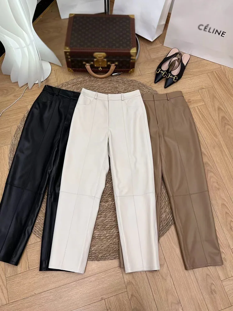 Women Pants Elegant 2024 New Fashion High Waist Genuine Leather Trousers Women Streetwear Luxury Designer