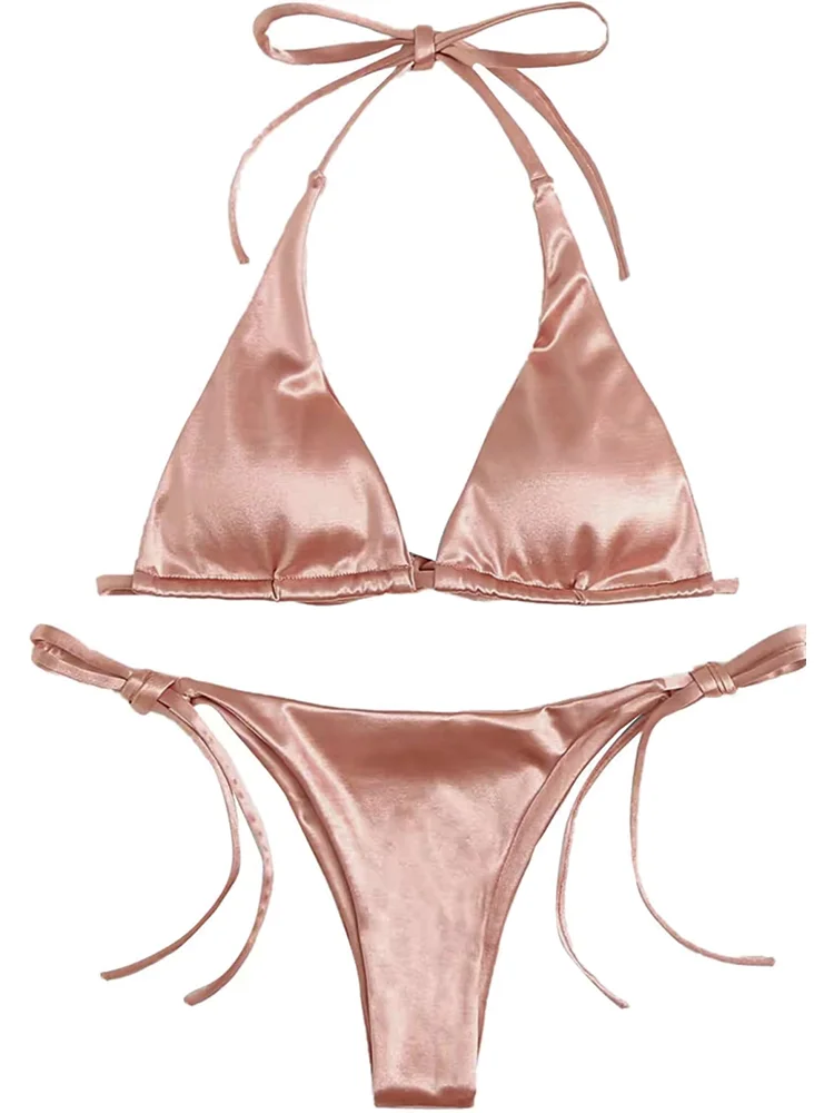 Rosa conjunto de duas peças para as mulheres, roupas de praia, sexy, com rendas, pescoço, pendurado, 2022