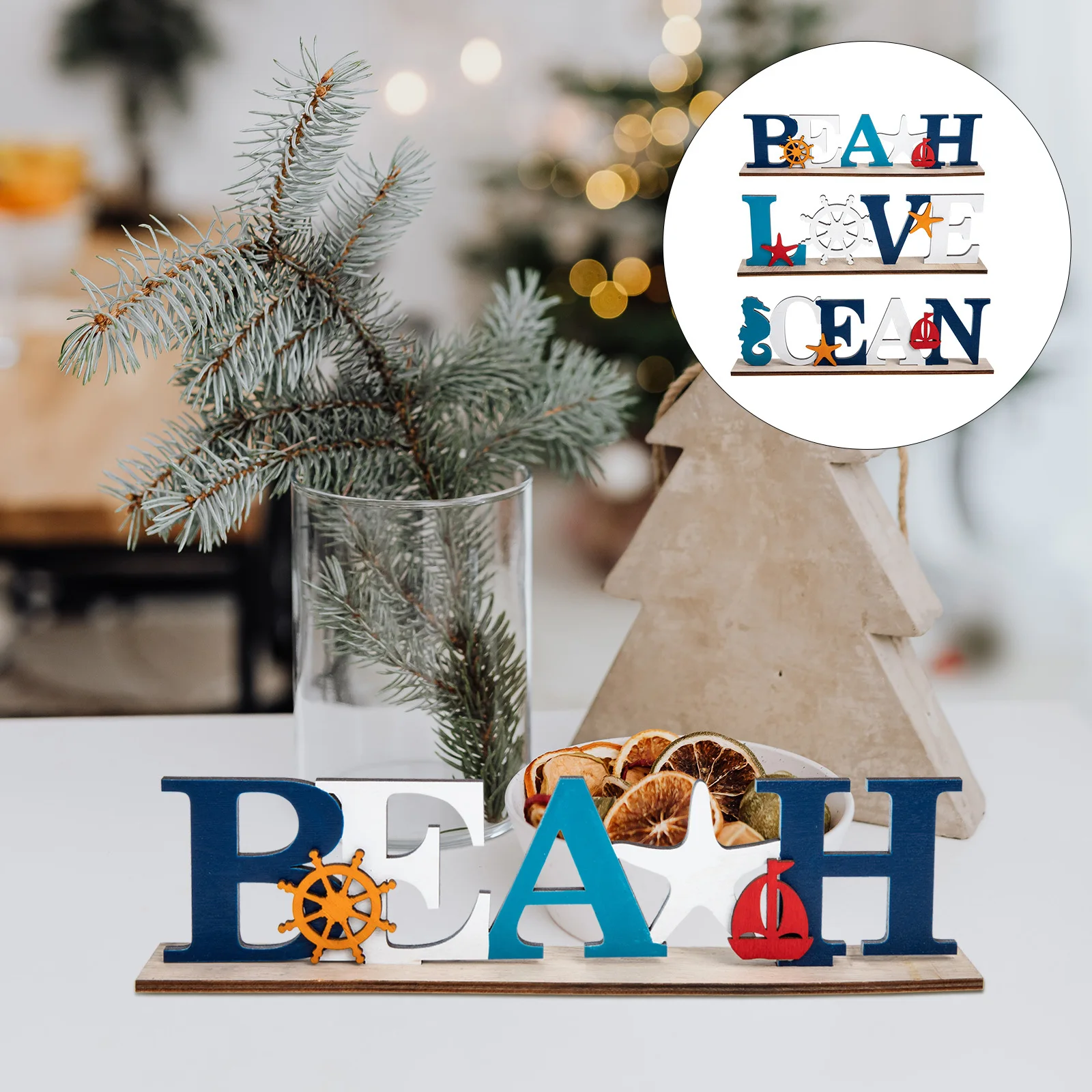 

3pcs Wooden Desktop Decor Mediterranean Ocean Letter Carving Home Office Party Gift Wood Slice Ornament Tabletop Decoration