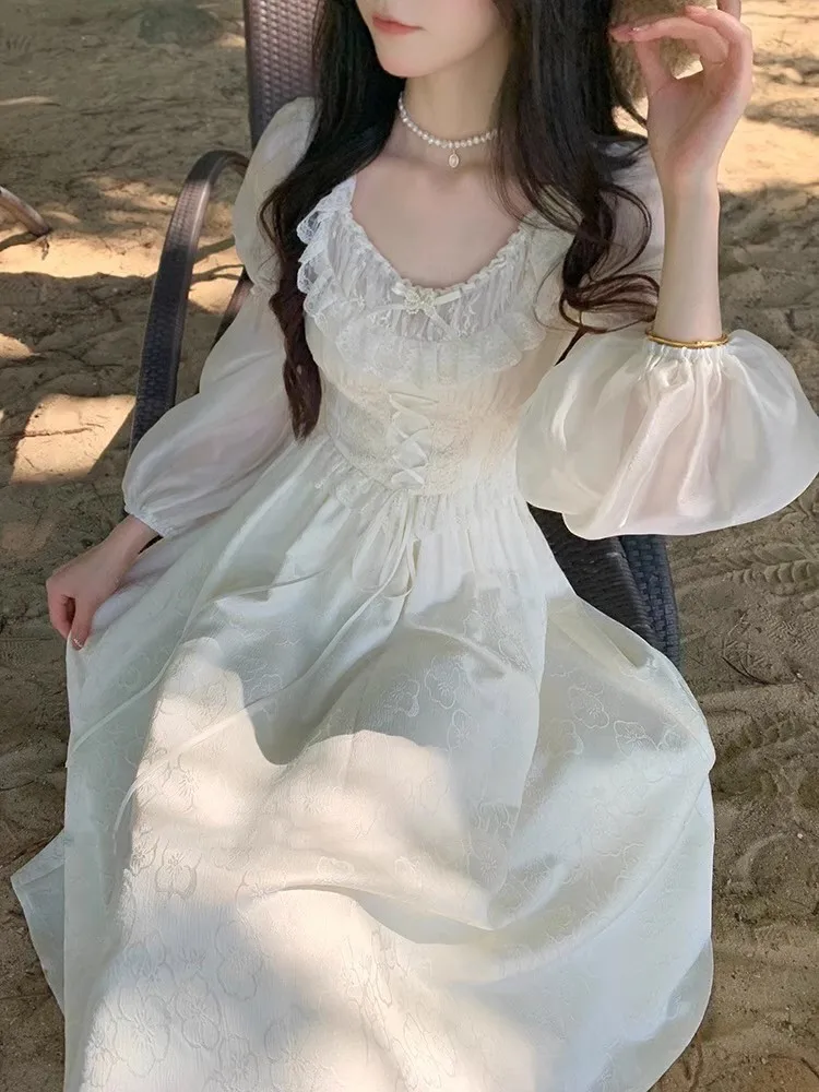 

Autumn Elegant Jacquard Fairy Dress Vintage Court Style Lantern Sleeve Princess Party White Dresses Korean Bandage Vestidos New