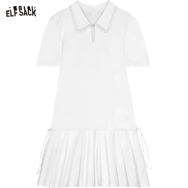 ELFSACK 2024 Summer New Arrivals White pleated preppy style cute age-reducing shirt dress for women