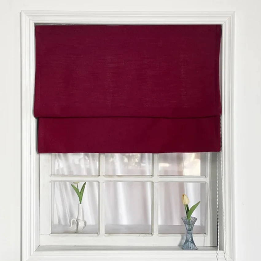 Modern Cotton Linen Red Wine Color Motorized/Cord Flat Roman Shade With Hardware Included Custom Window Curtains For Living Room