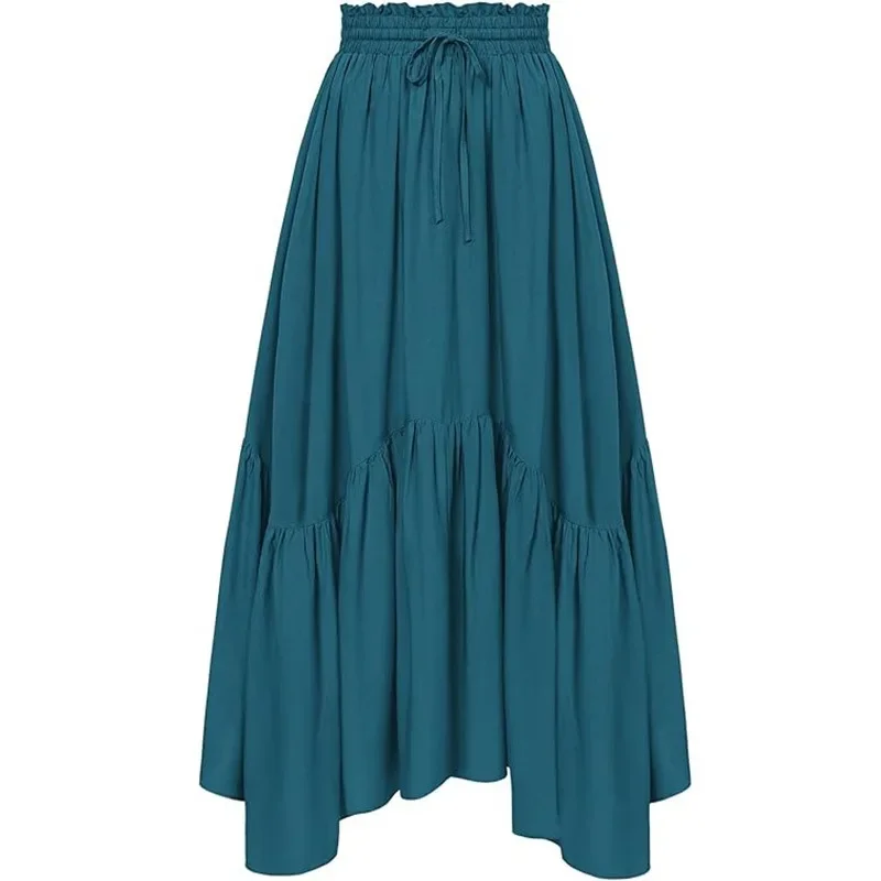 Vintage Renaissance Pleated Skirt Womens Victoria Costume High Waist Ruffle Flowy Skirt Elastic Waist Drawstring Solid Color